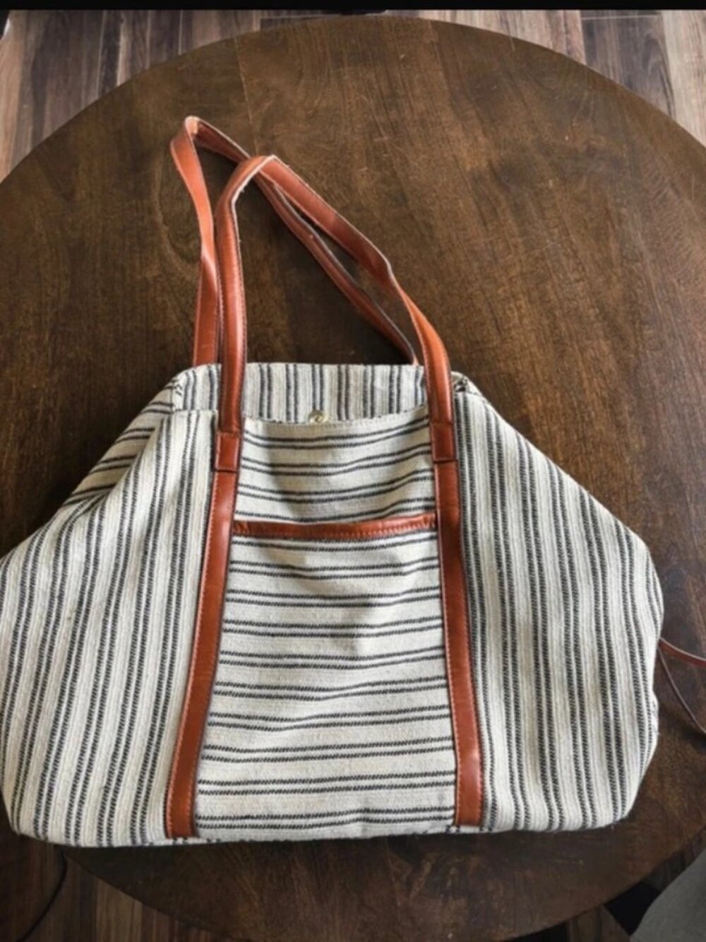Street Level Black Cream Ticking Striped Canvas Tote Bag Nordstrom Faux Leather